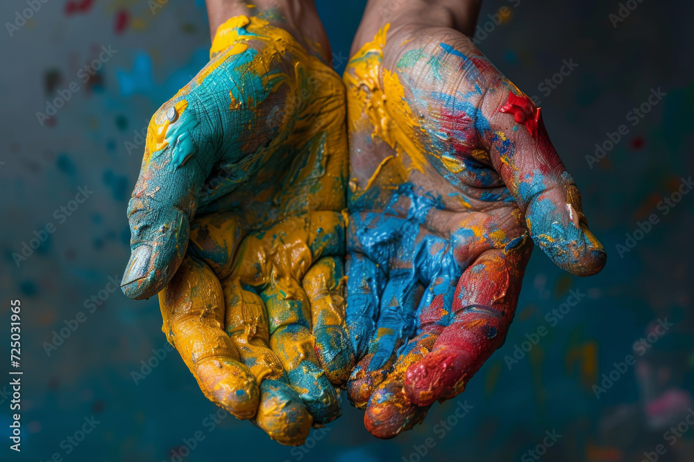 A photograph of an artist's hands at work, covered in paint, expressing the authenticity of the creative process. Concept of genuine artistic expression. Generative Ai.