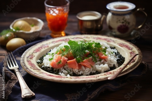 Plate of Food With Rice and Salmon