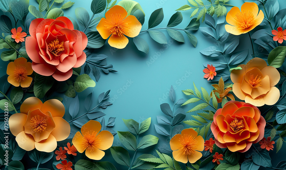 top view of colorful paper cut flowers in bloom on blue background.
