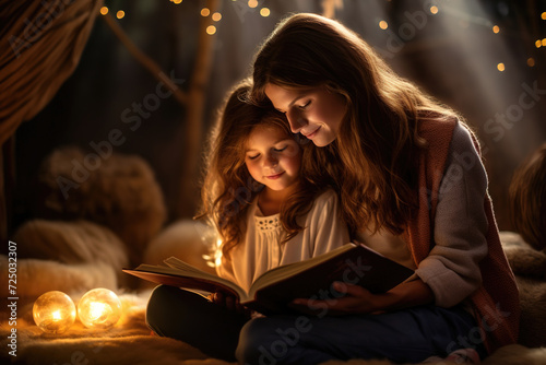 mom and daughter reading a book of fairy tales before going to bed.