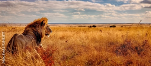 A lion watching its prey in the savanna grassland