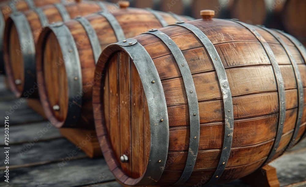 A glimpse into the winery's storage area reveals the rustic beauty of old brown oak casks nestled in the dark cellar. A glimpse into the winery's storage area reveals the rustic beauty of old brown oak casks nestled in the dark cellar.