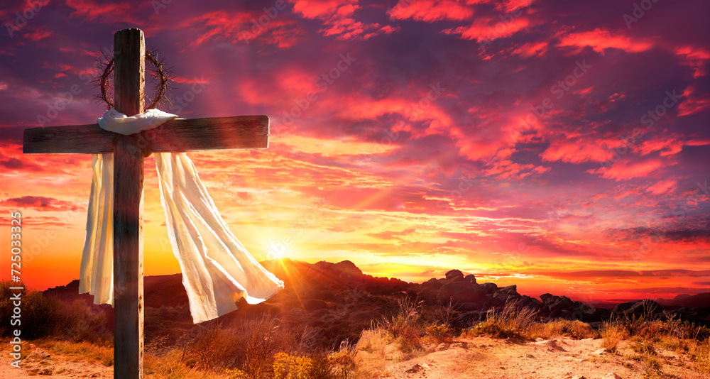 Cross With Robe And Crown Of Thorns On Hill At Sunset - Calvary And Resurrection Concept