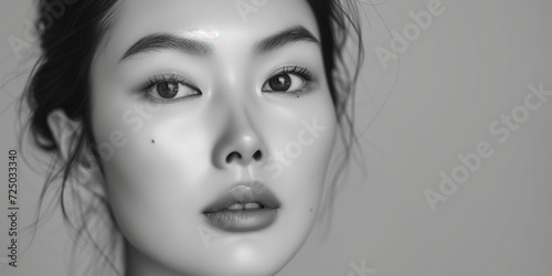 Black and white close-up of a young asian woman's face, with a focused expression and detailed facial features, highlighting her eyes.