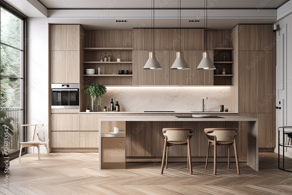 Mockup of a modern, minimalist kitchen interior complete with wooden furnishings and a parquet floor