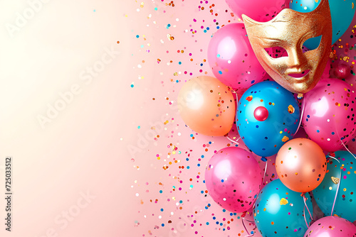 Postcard Happy Purim, Jewish holiday carnival fair background with carnival masks and traditional Jewish items, abstract background. Layout on a pink background.