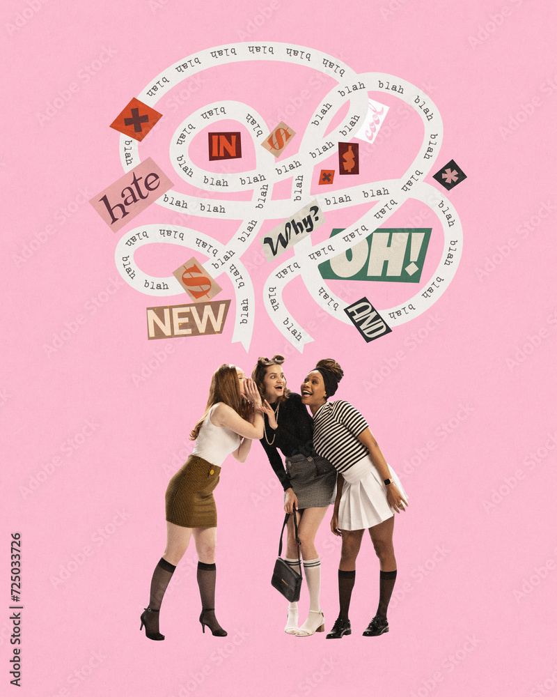 Three young women laughing together with speech bubbles containing ...