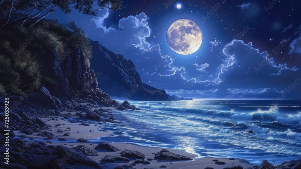 a seaside landscape under the luminous glow of a full moon, with the vast expanse of the sea stretching out to meet the horizon.