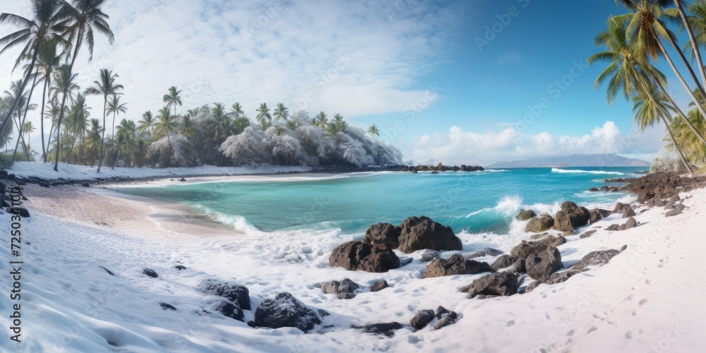 Winter landscape on a tropical beach. A beach covered with snow. Winter landscape on a tropical beach. A beach covered with snow.