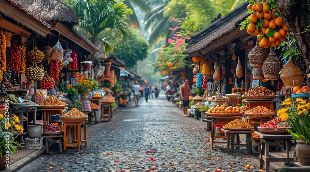 aSian street market view with fruit and veg stalls, local tourists attraction  - obrazy, fototapety, plakaty 