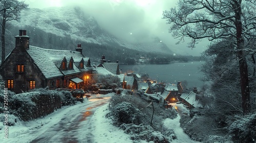 Beautiful winter landscape with snow covered houses and village in Scotland.