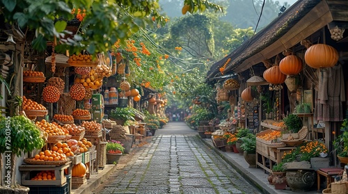 aSian street market view with fruit and veg stalls, local tourists attraction 