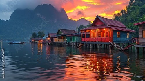 Asian Over water villas at sunset with beautiful mountains at the background and reflection in water  © IRStone