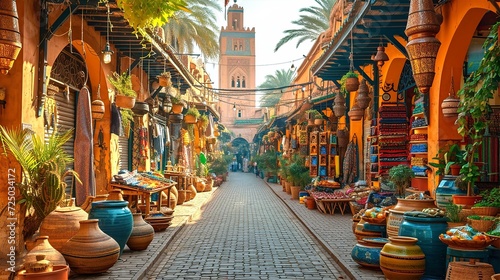 Old narrow street of the traditional Bazaar Market in Asia. Small shops are selling ceramics, carpets, spices fruits and souvenirs photo