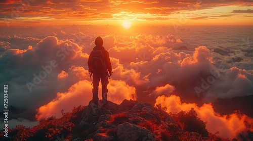 Man on top on mountain above clouds is admiring fantastic view and sunset 