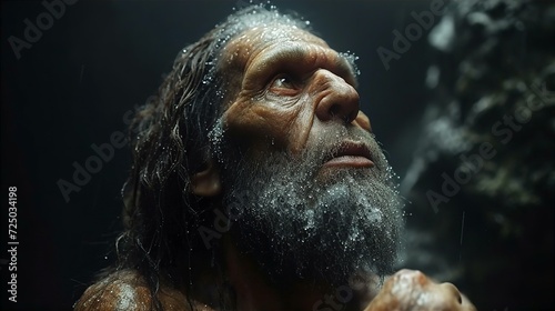 Face reconstruction of prehistorical time human, homo sapience as in museum