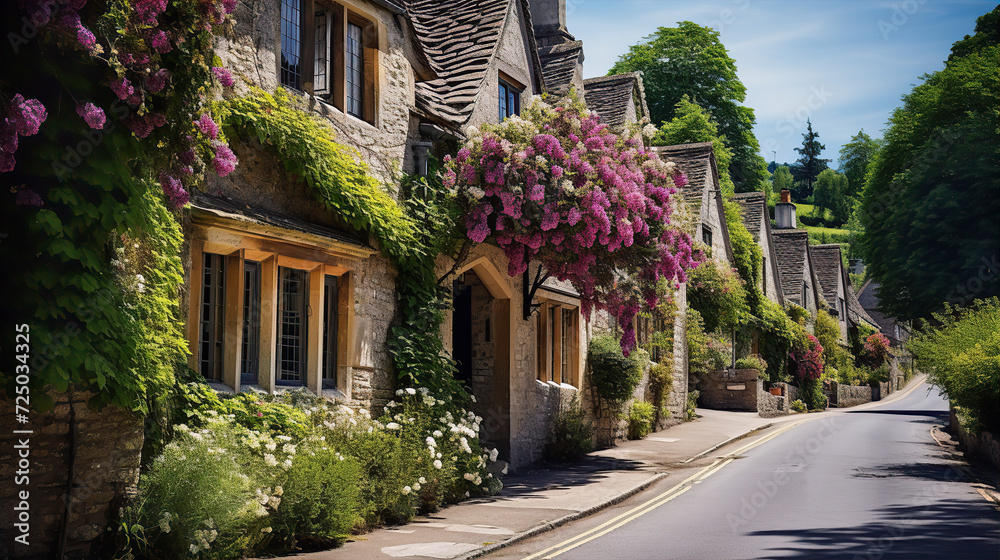 Beautiful idyllic old English village street with cottages made of stone and front gardens with flowers
