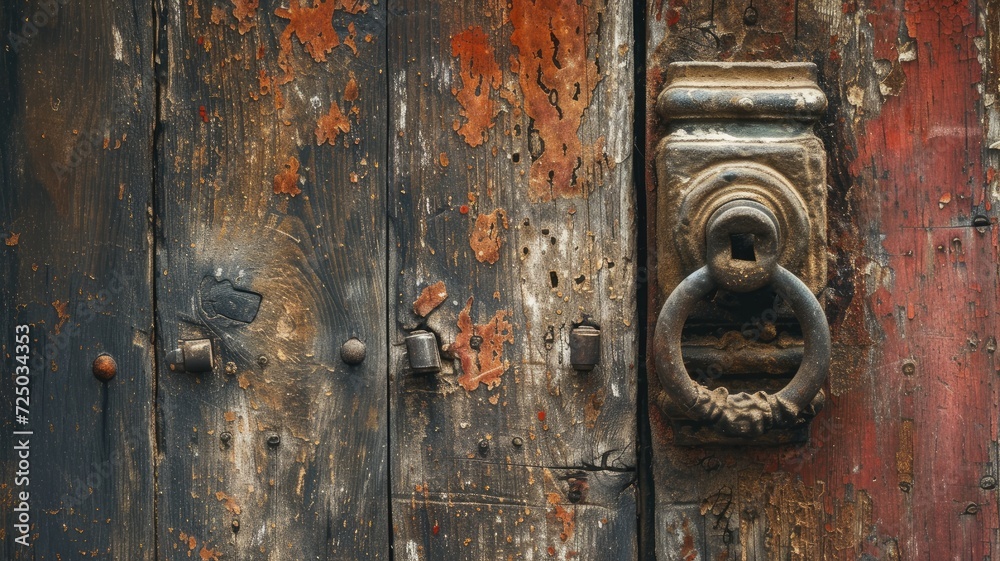 an aged wooden door, focusing on the rustic beauty of its textured surface and the character imbued by the vintage metal handle in a compelling close-up shot.