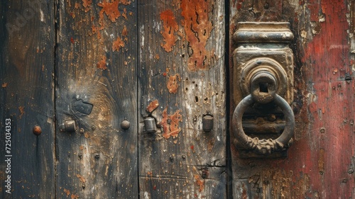 an aged wooden door, focusing on the rustic beauty of its textured surface and the character imbued by the vintage metal handle in a compelling close-up shot.