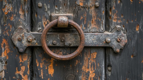 an aged wooden door, focusing on the rustic beauty of its textured surface and the character imbued by the vintage metal handle in a compelling close-up shot.