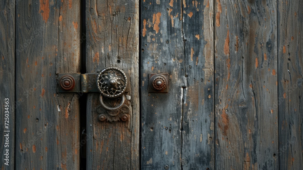an aged wooden door, focusing on the rustic beauty of its textured surface and the character imbued by the vintage metal handle in a compelling close-up shot. an aged wooden door, focusing on the rustic beauty of its textured surface and the character imbued by the vintage metal handle in a compelling close-up shot.