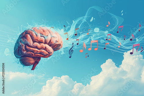 Musical Mind Concept Art - Brain with Music Notes and Melodies Illustrating Cognitive and Creative Harmony photo