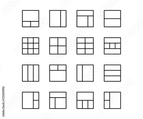 Vector black line icon set grid layout. Website element sign application guide menu and drafting template concept. Guideline development sketch and window browser content contour