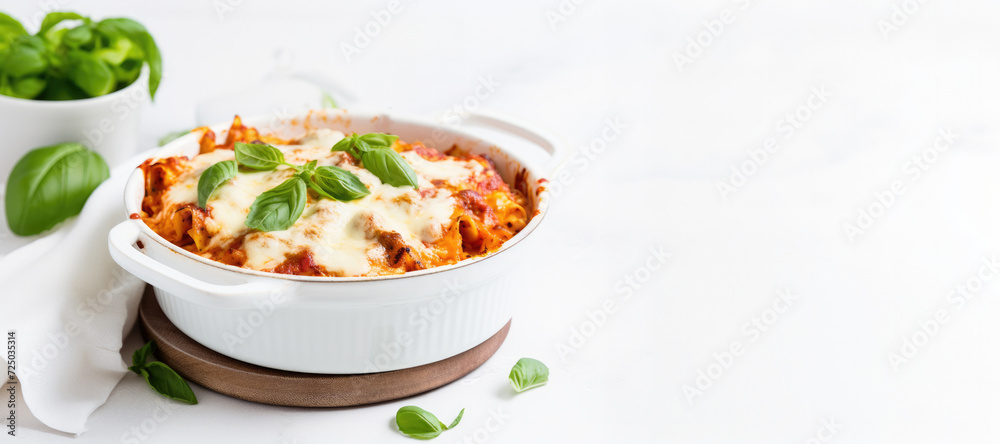 Lasagna on a White Kitchen Counter with Space for Copy Lasagna on a White Kitchen Counter with Space for Copy