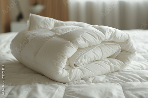 A White Folded Duvet Lying on a White Bed Background - Illustrating Preparations for the Winter Season, Reflecting Household Comfort, Domestic Activities, and the Essence of Hotel or Home Textile