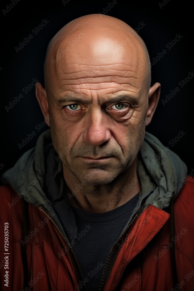 Fototapeta premium Man With Bald Head Wearing Red Jacket