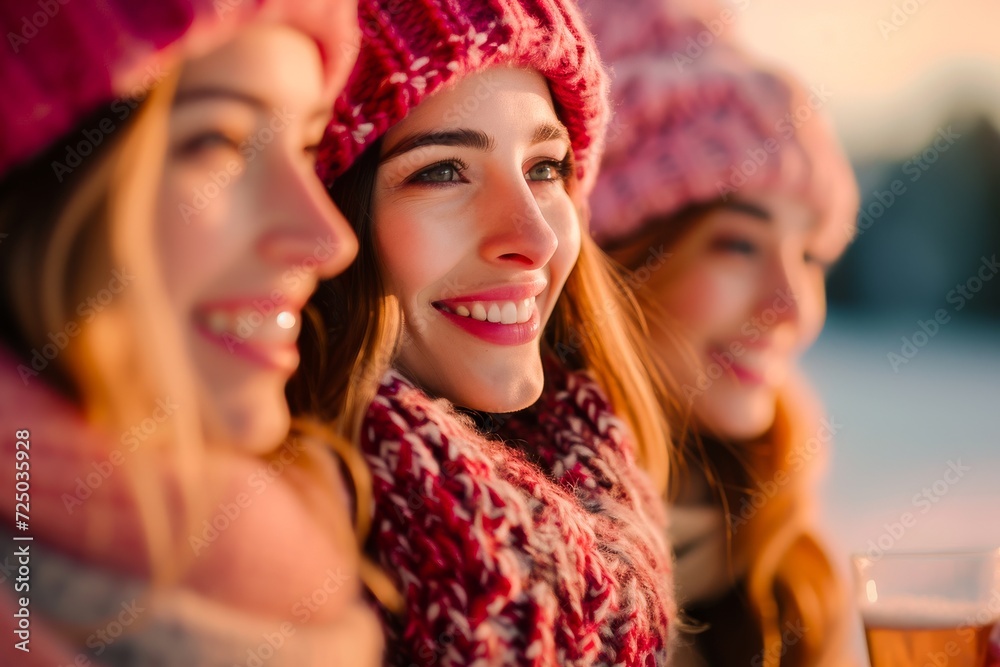 Fototapeta premium Three happy women in knit hats and scarves enjoying a cheerful moment together on a beautiful winter sunset.