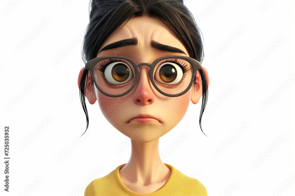 Sad stressed upset cartoon character young adult woman female person in glasses portrait in 3d style design on light background. Human people feelings expression concept Sad stressed upset cartoon character young adult woman female person in glasses portrait in 3d style design on light background. Human people feelings expression concept