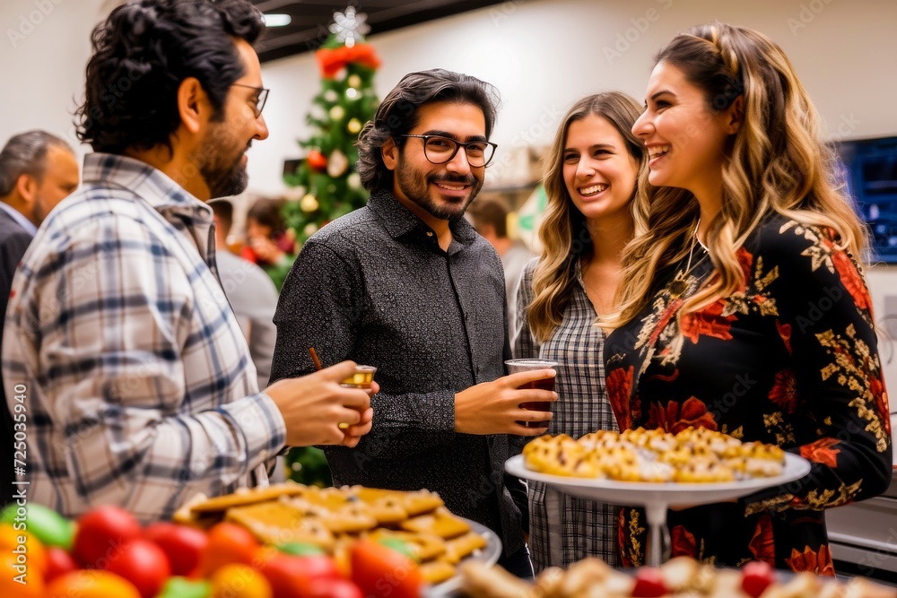 A group of smiling friends enjoying a festive holiday gathering, chatting with drinks in hand near a Christmas tree.