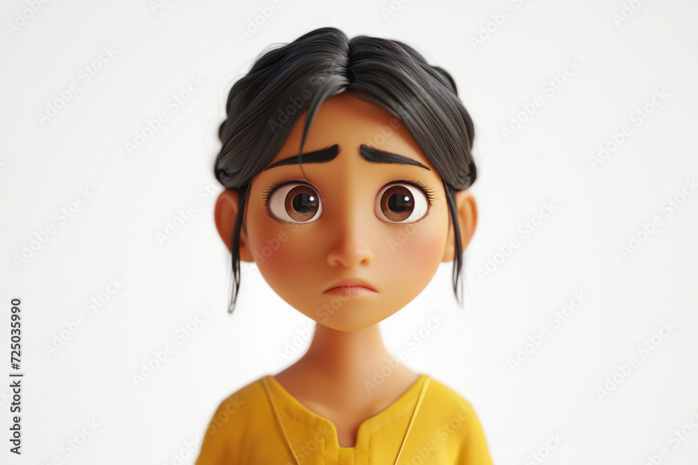 Sad stressed upset Indian cartoon character young adult woman girl teen person wearibg yellow dress portrait in 3d style design on light background. Human people feelings expression concept Sad stressed upset Indian cartoon character young adult woman girl teen person wearibg yellow dress portrait in 3d style design on light background. Human people feelings expression concept