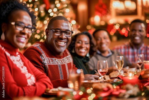 Joyful African American family celebrating the holidays together with a festive Christmas dinner at home.