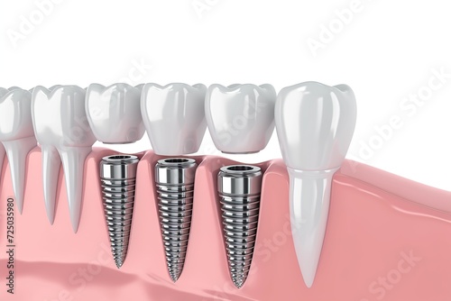 Illustration of human jaw with dental tooth implants. 3D rendering