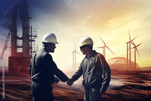 Two Men in Hardhats Shaking Hands in Front of Windmills