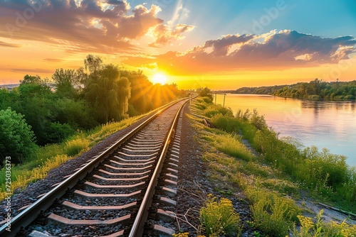 Railroad tracks along the river at sunset