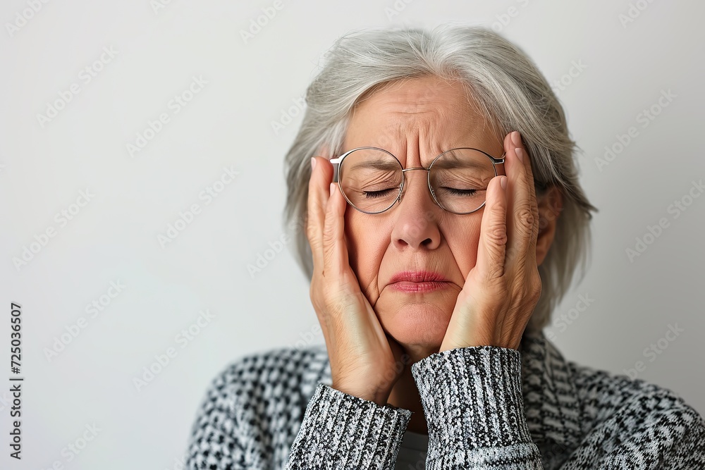 Senior woman with hands on head of migraine Senior woman with hands on head of migraine