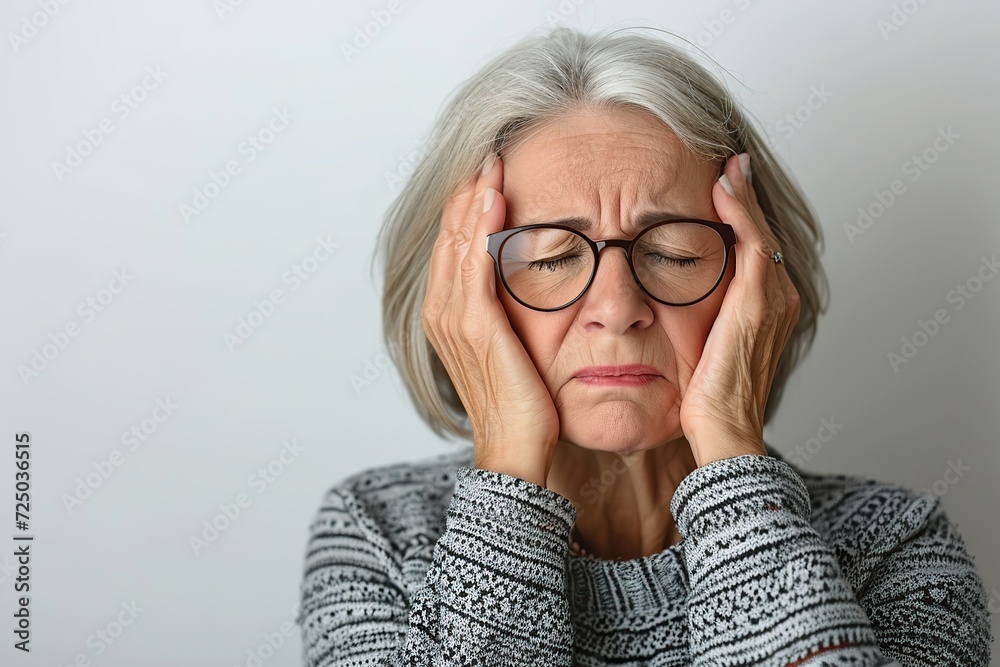 Senior woman with hands on head of migraine Senior woman with hands on head of migraine