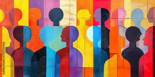 Colorful illustration of silhouetted figures on a wooden backdrop.