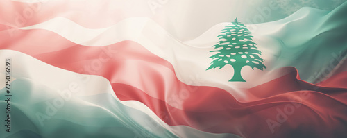 flying and waving fabric in the colors of the national flag of lebanon and cedar arz tree as abstract banner for political or national government with empty copyspace