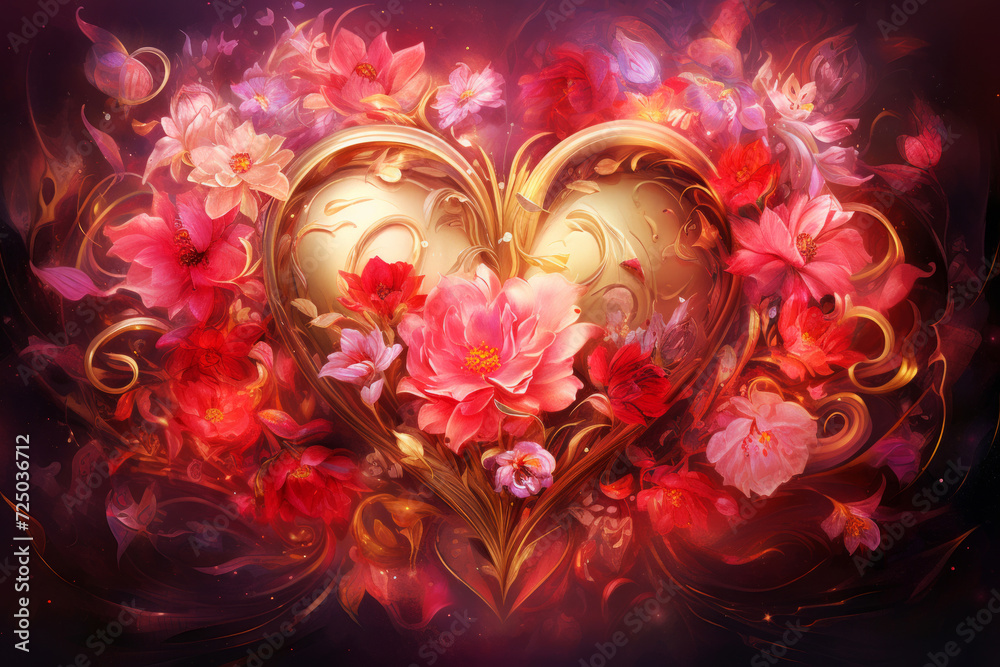 A golden heart shining among pink blooming flowers. Love concept A golden heart shining among pink blooming flowers. Love concept