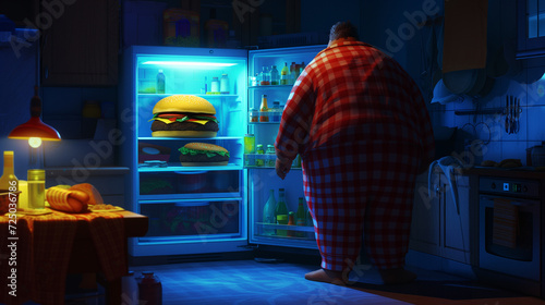 A fat man in pajamas stands in front of an open refrigerator at night and looks at a unhealthy food, seen from behind