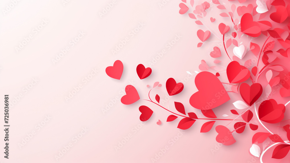 Paper cut decoration of pink and red hearts in right corner on light rose background with empty copy space. Happy love Valentines Day concept Paper cut decoration of pink and red hearts in right corner on light rose background with empty copy space. Happy love Valentines Day concept