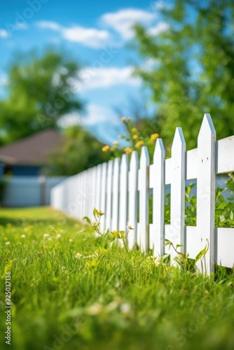 A white picket fence stands in the grass with a house in the background. Ideal for home and real estate-related concepts