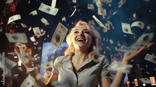 A woman is shown smiling as she throws money in the air. This image can be used to depict happiness, success, or financial freedom