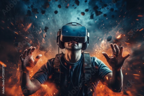 Man Wearing Virtual Reality Headset Standing in Front of Fire © Vit