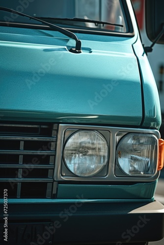 A close up shot of the front of a blue truck. This image can be used in various contexts