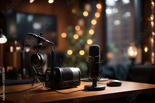 Professional podcast setup with microphone and bokeh lights, creating a cozy recording atmosphere